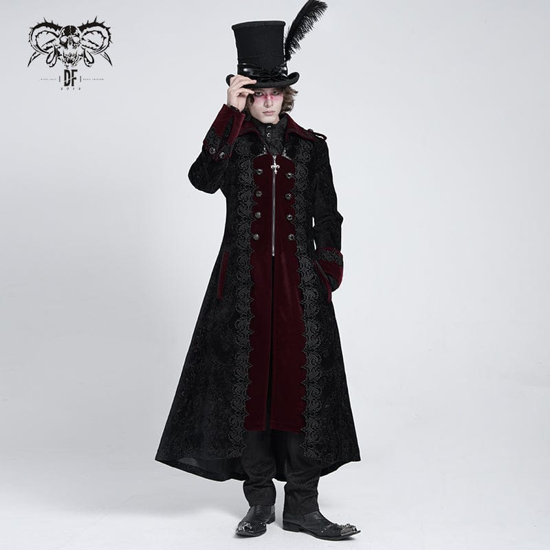 Men's Gothic Lapel Collar Embroidered Velvet Coat Red – Punk Design