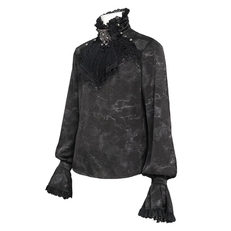 DEVIL FASHION Men's Gothic Marble Printed Bishop Sleeved Shirt Black