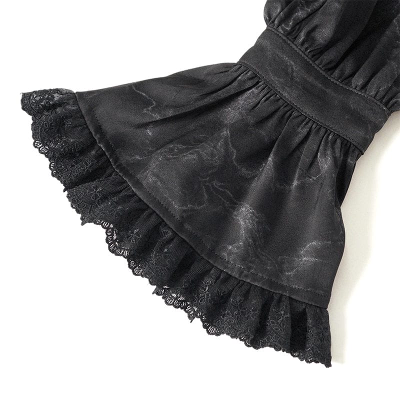 DEVIL FASHION Men's Gothic Marble Printed Bishop Sleeved Shirt Black