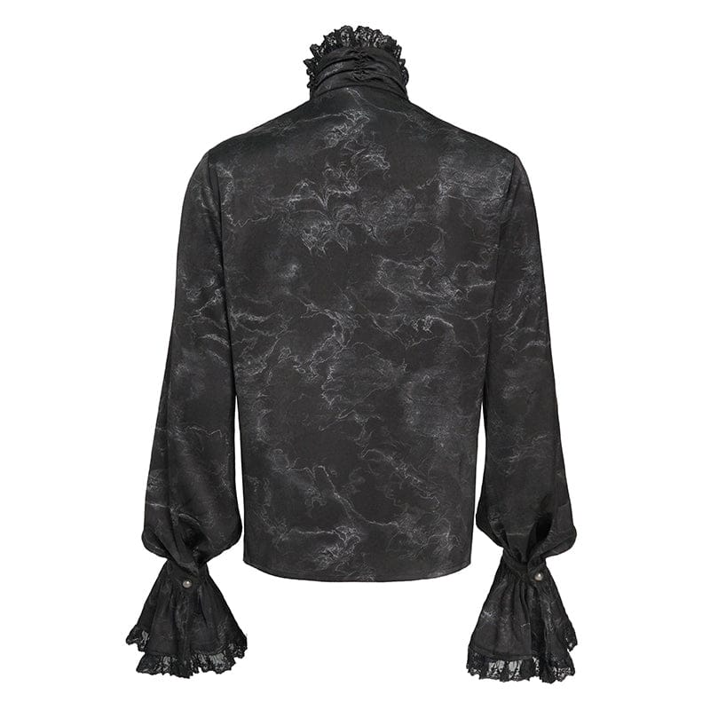 DEVIL FASHION Men's Gothic Marble Printed Bishop Sleeved Shirt Black