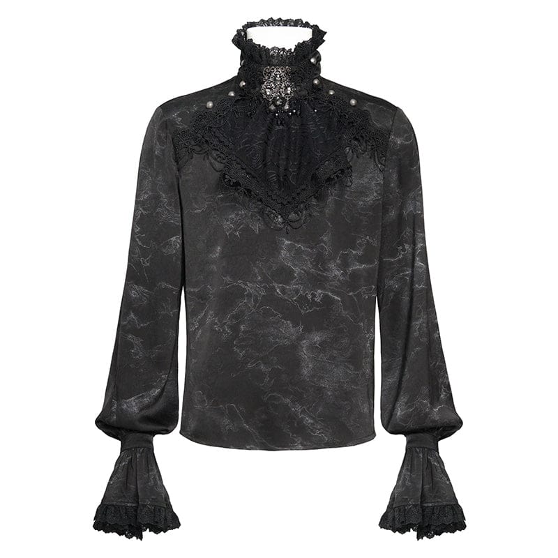 DEVIL FASHION Men's Gothic Marble Printed Bishop Sleeved Shirt Black