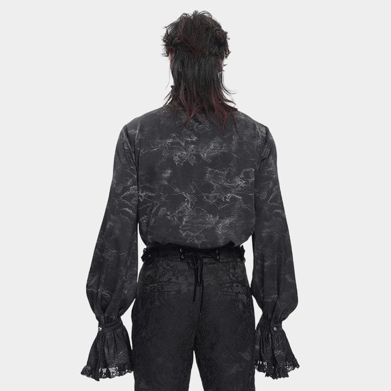 DEVIL FASHION Men's Gothic Marble Printed Bishop Sleeved Shirt Black