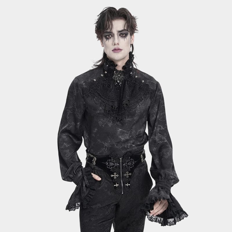 DEVIL FASHION Men's Gothic Marble Printed Bishop Sleeved Shirt Black