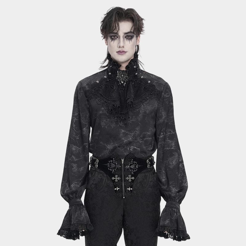 DEVIL FASHION Men's Gothic Marble Printed Bishop Sleeved Shirt Black
