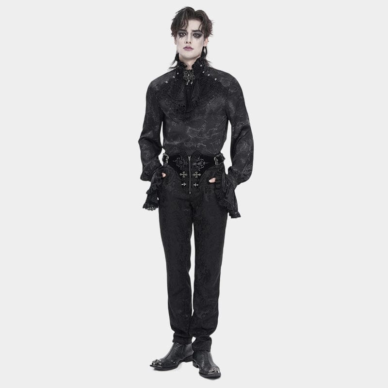 DEVIL FASHION Men's Gothic Marble Printed Bishop Sleeved Shirt Black