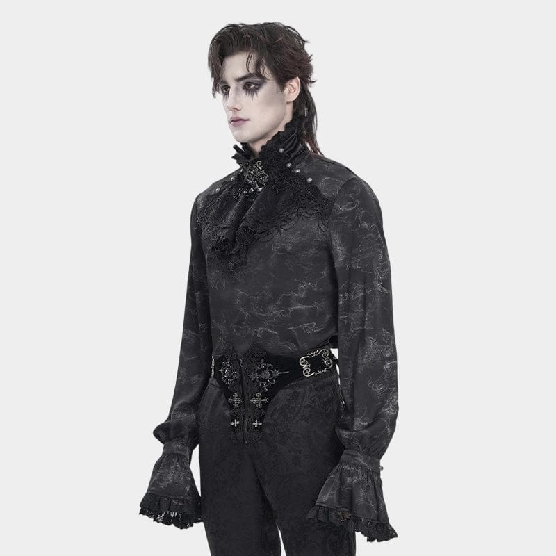 DEVIL FASHION Men's Gothic Marble Printed Bishop Sleeved Shirt Black