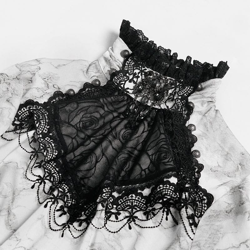 DEVIL FASHION Men's Gothic Marble Printed Bishop Sleeved Shirt White