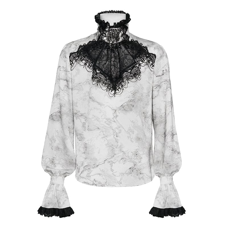 DEVIL FASHION Men's Gothic Marble Printed Bishop Sleeved Shirt White