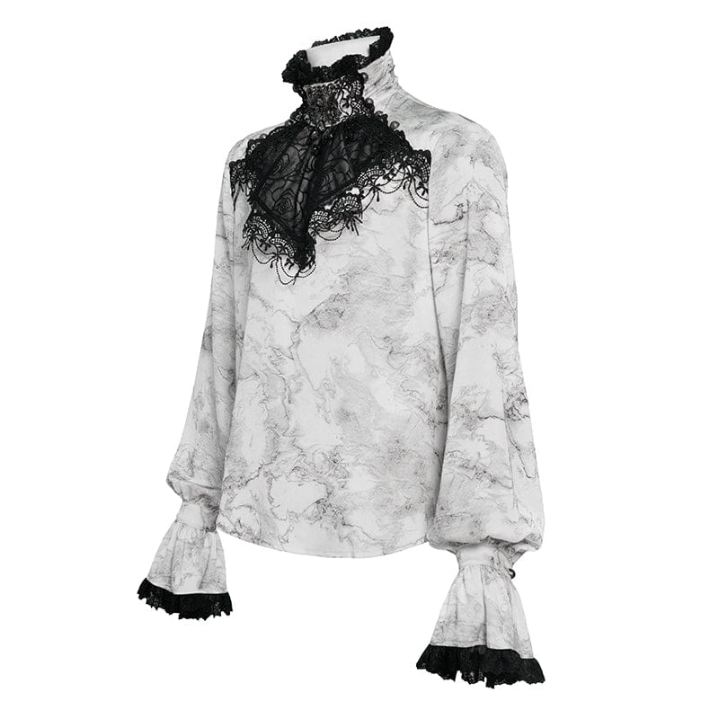 DEVIL FASHION Men's Gothic Marble Printed Bishop Sleeved Shirt White