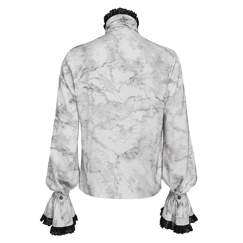 DEVIL FASHION Men's Gothic Marble Printed Bishop Sleeved Shirt White