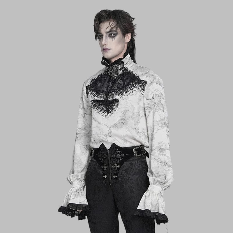 DEVIL FASHION Men's Gothic Marble Printed Bishop Sleeved Shirt White