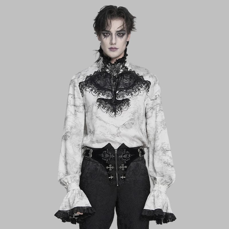 DEVIL FASHION Men's Gothic Marble Printed Bishop Sleeved Shirt White