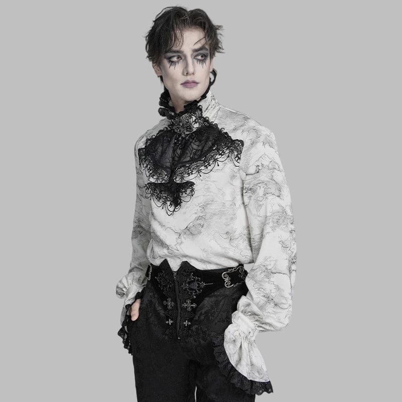 DEVIL FASHION Men's Gothic Marble Printed Bishop Sleeved Shirt White