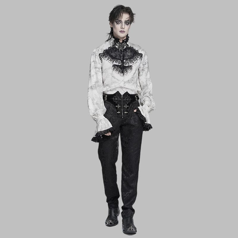 DEVIL FASHION Men's Gothic Marble Printed Bishop Sleeved Shirt White
