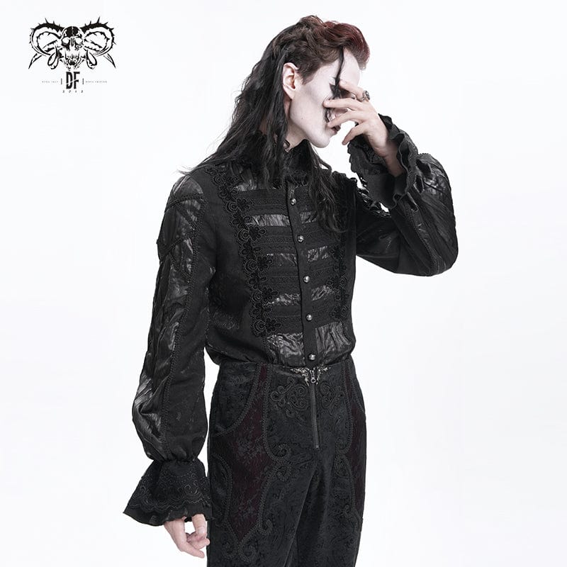 DEVIL FASHION Men's  Gothic Pleated Lace Crochet Shirt