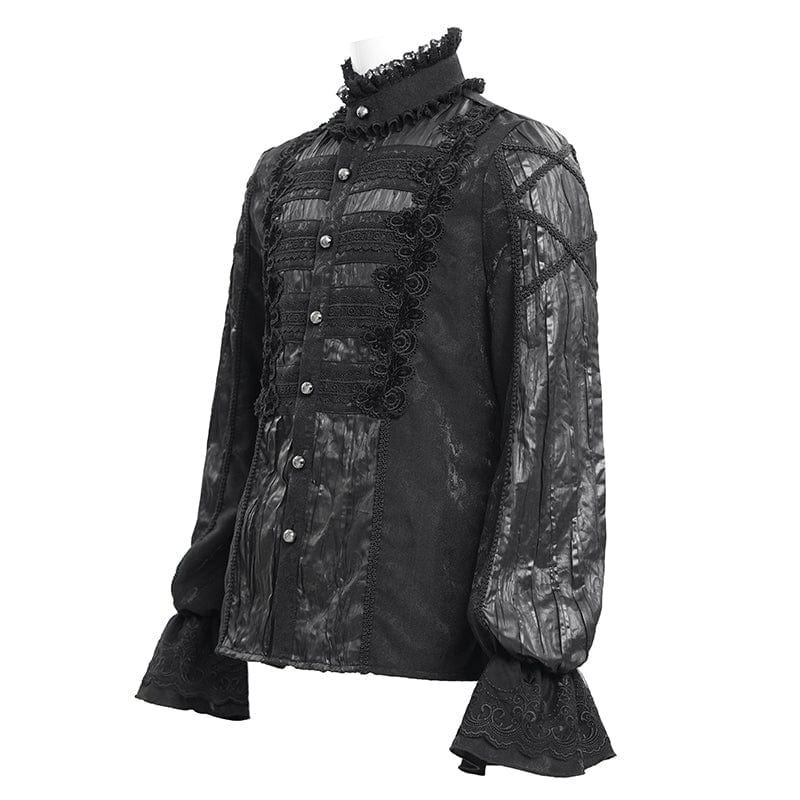 DEVIL FASHION Men's  Gothic Pleated Lace Crochet Shirt