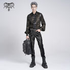 DEVIL FASHION Men's Gothic Puff Sleeved Faux Leather Splice Shirt with Chain