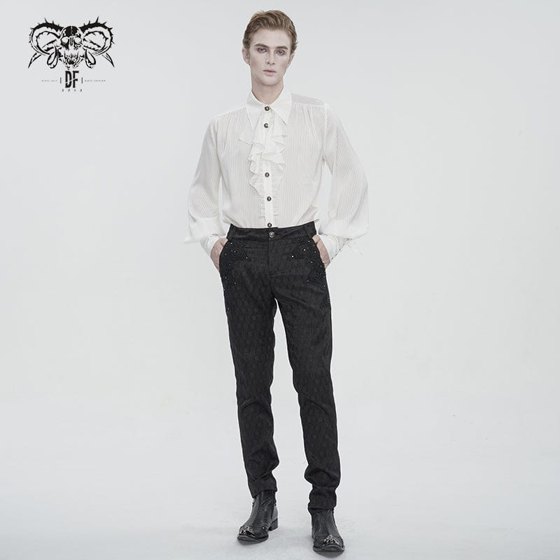 DEVIL FASHION Men's Gothic Puff Sleeved Ruffled Lace Splice Shirt White
