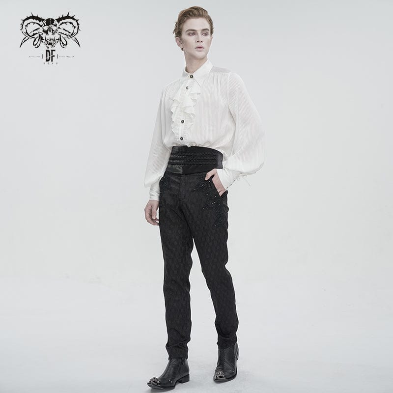 DEVIL FASHION Men's Gothic Puff Sleeved Ruffled Lace Splice Shirt White