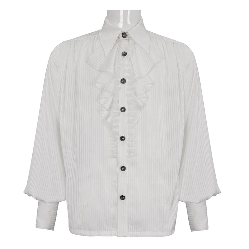 DEVIL FASHION Men's Gothic Puff Sleeved Ruffled Lace Splice Shirt White