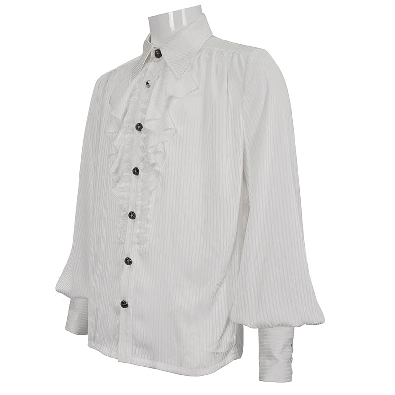 DEVIL FASHION Men's Gothic Puff Sleeved Ruffled Lace Splice Shirt White