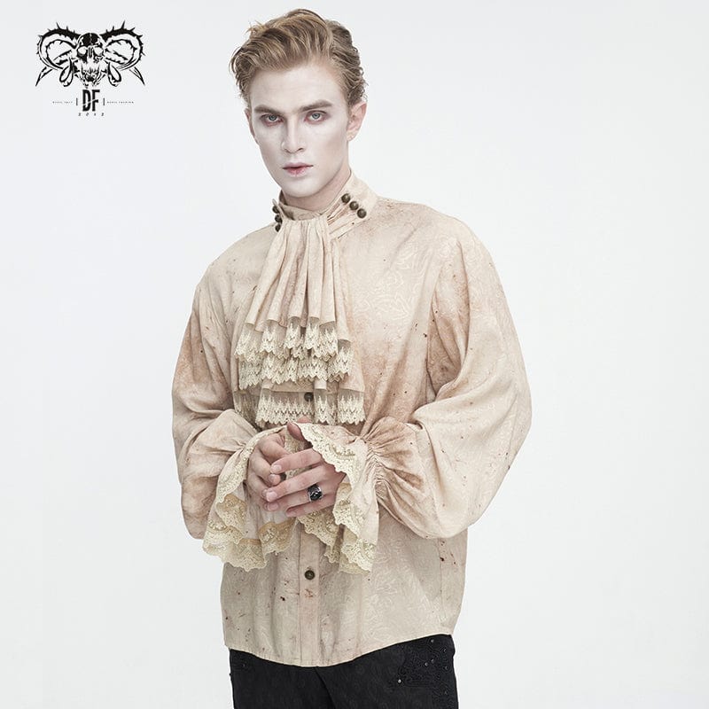 DEVIL FASHION Men's Gothic Puff Sleeved Stand Collar Distressed Shirt with Necktie