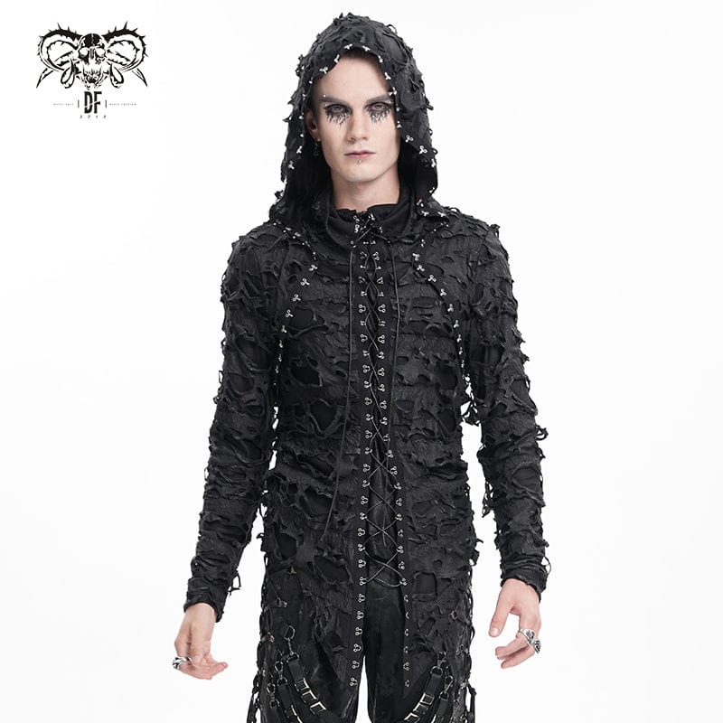 DEVIL FASHION Men's Gothic Ripped Lace-up Studs Hoodies