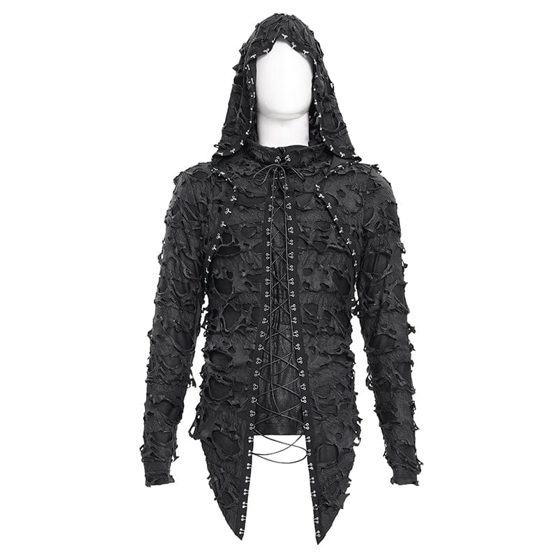 DEVIL FASHION Men's Gothic Ripped Lace-up Studs Hoodies