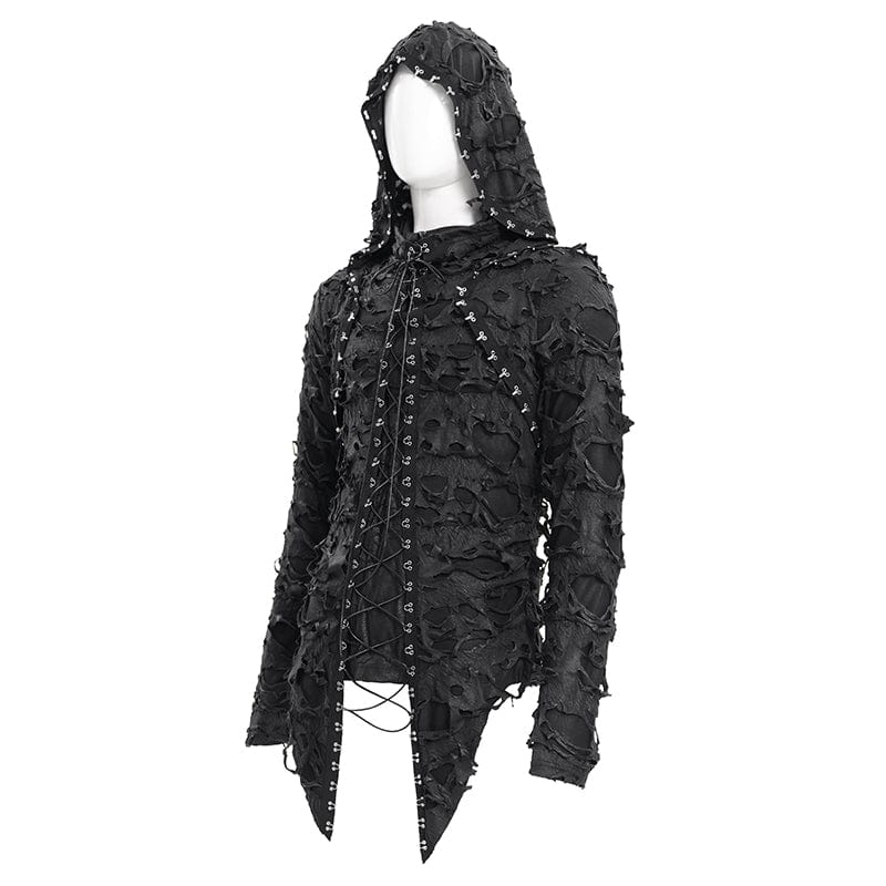 DEVIL FASHION Men's Gothic Ripped Lace-up Studs Hoodies