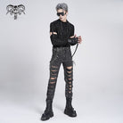DEVIL FASHION Men's Gothic Ripped Studded Pants with Chain