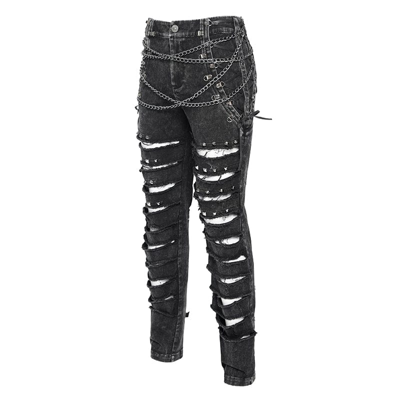 DEVIL FASHION Men's Gothic Ripped Studded Pants with Chain