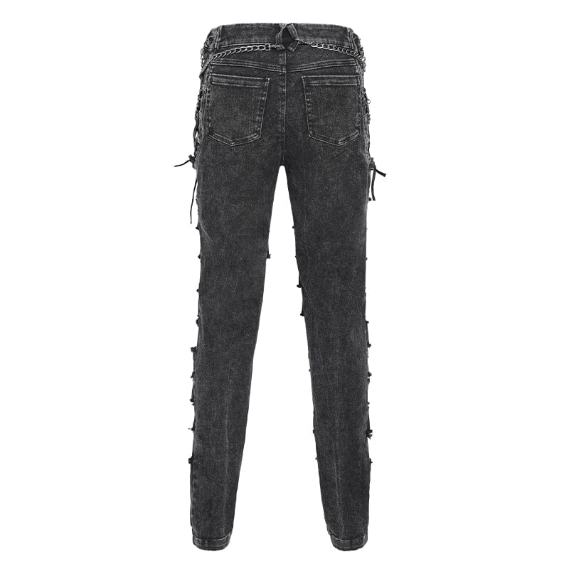 DEVIL FASHION Men's Gothic Ripped Studded Pants with Chain
