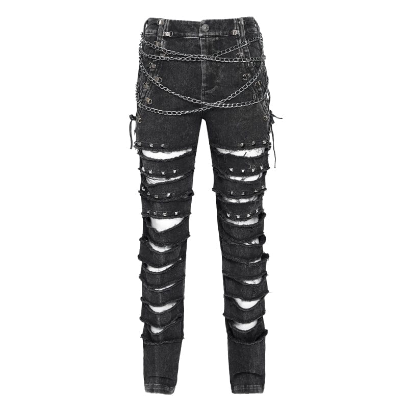 DEVIL FASHION Men's Gothic Ripped Studded Pants with Chain