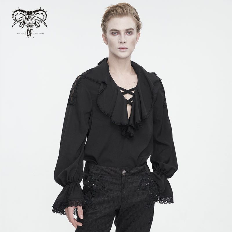 DEVIL FASHION Men's Gothic Ruffled Collar Puff Sleeved Shirt Black