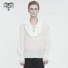 DEVIL FASHION Men's Gothic Ruffled Collar Puff Sleeved Shirt White