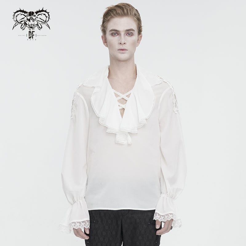 DEVIL FASHION Men's Gothic Ruffled Collar Puff Sleeved Shirt White