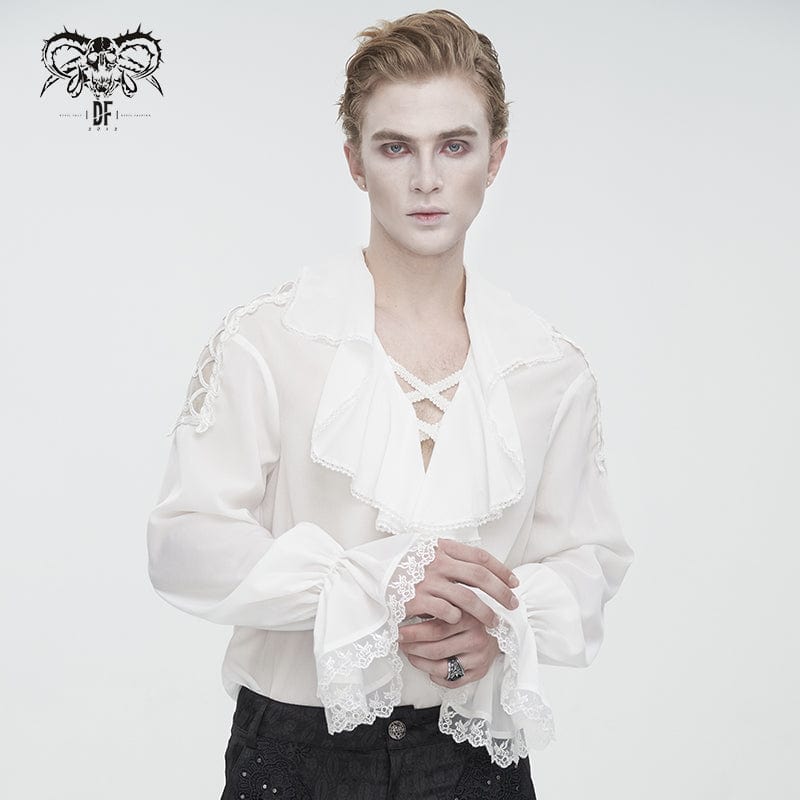 DEVIL FASHION Men's Gothic Ruffled Collar Puff Sleeved Shirt White