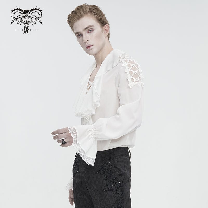 DEVIL FASHION Men's Gothic Ruffled Collar Puff Sleeved Shirt White