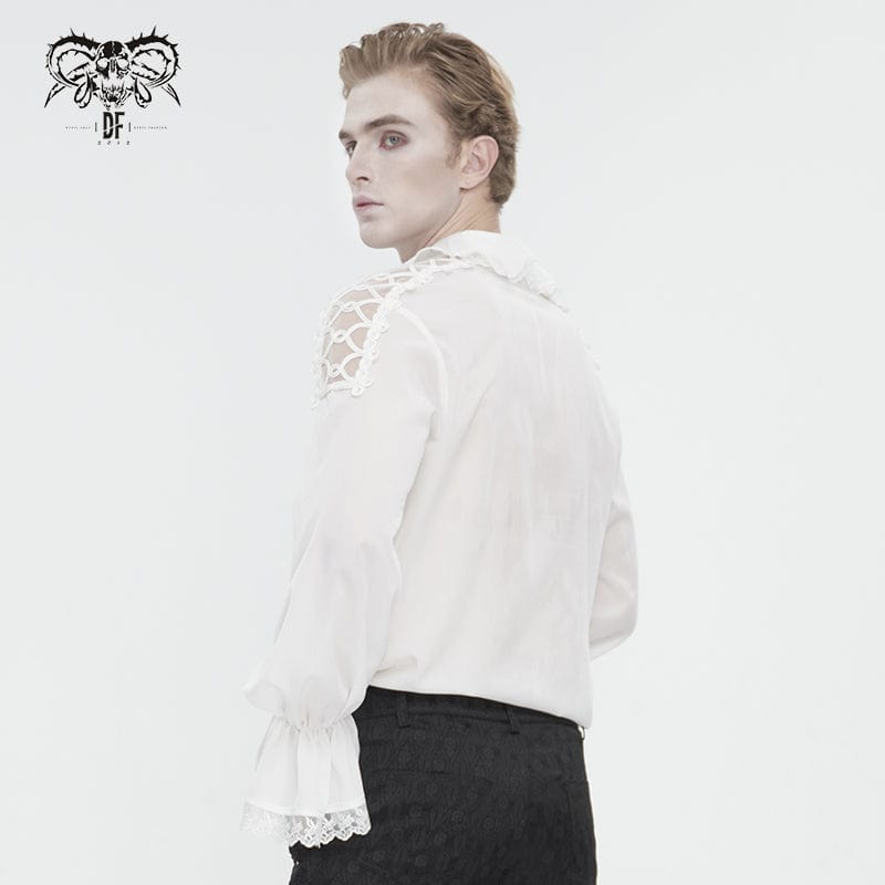 DEVIL FASHION Men's Gothic Ruffled Collar Puff Sleeved Shirt White