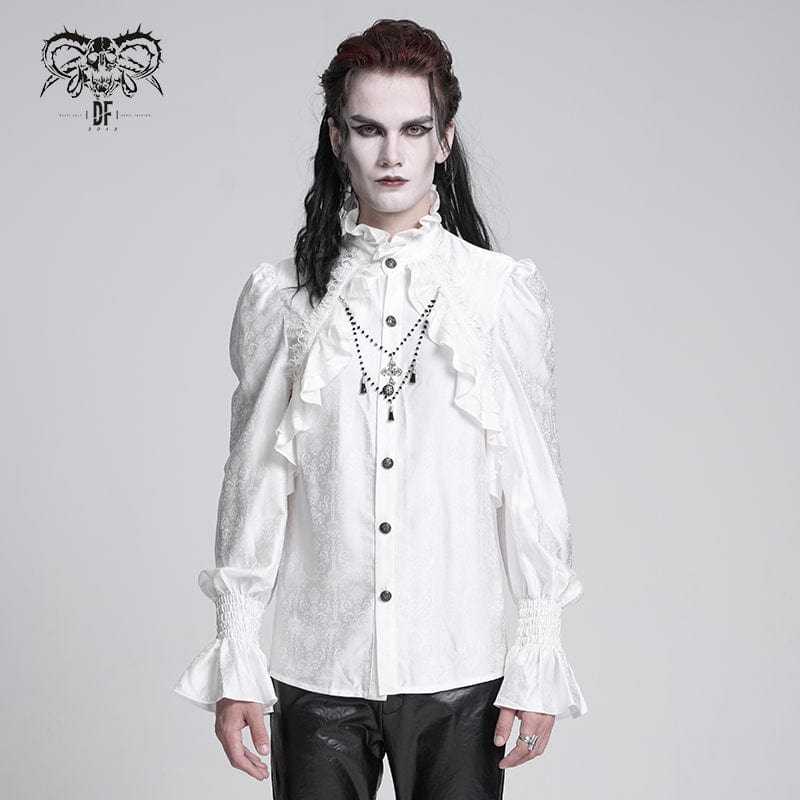 DEVIL FASHION Men's  Gothic Ruffled Lace Cross Shirt White