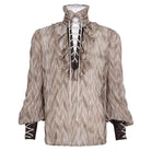 DEVIL FASHION Men's Gothic Ruffled Stand Collar Lace-up Coffee Shirt