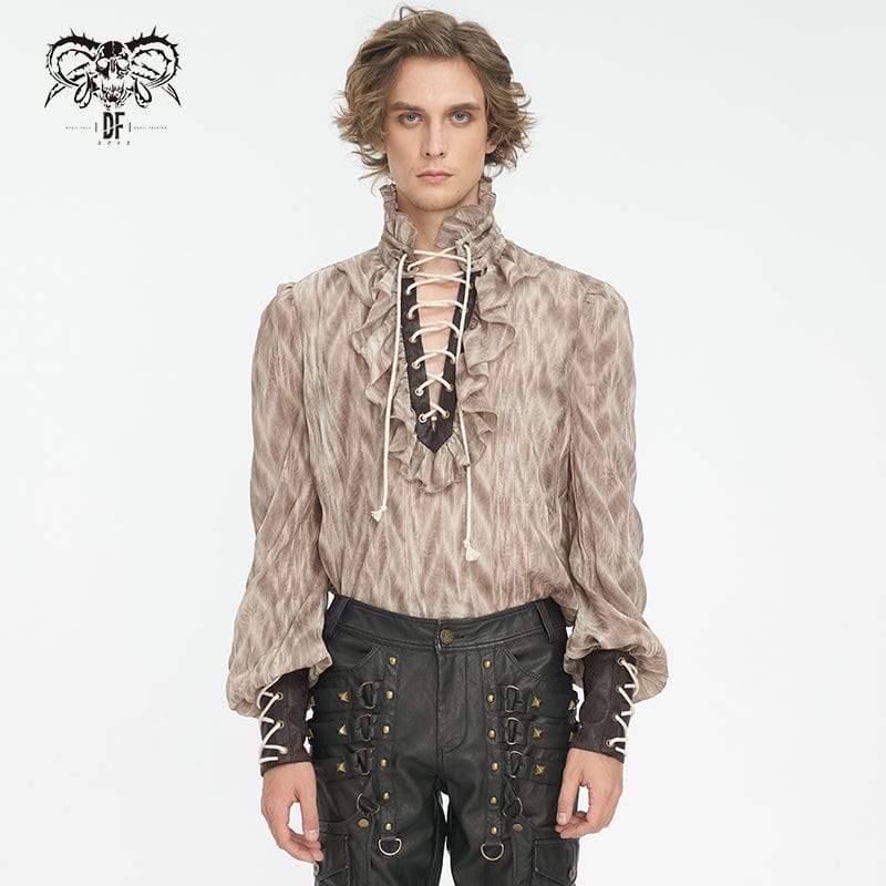 Men's Gothic Ruffled Stand Collar Lace-up Coffee Shirt – Punk Design