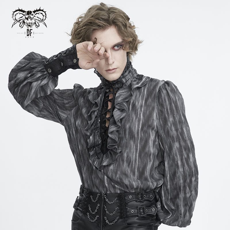 DEVIL FASHION Men's Gothic Ruffled Stand Collar Lace-up Shirt