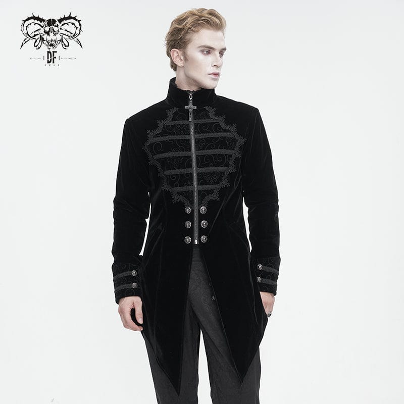 DEVIL FASHION Men's Gothic Stand Collar Lace Splice Swallow-tailed Coat Black