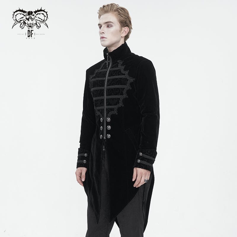 DEVIL FASHION Herren Gothic Stehkragen Spitze Splice Schwalbenschwanz Mantel Schwarz