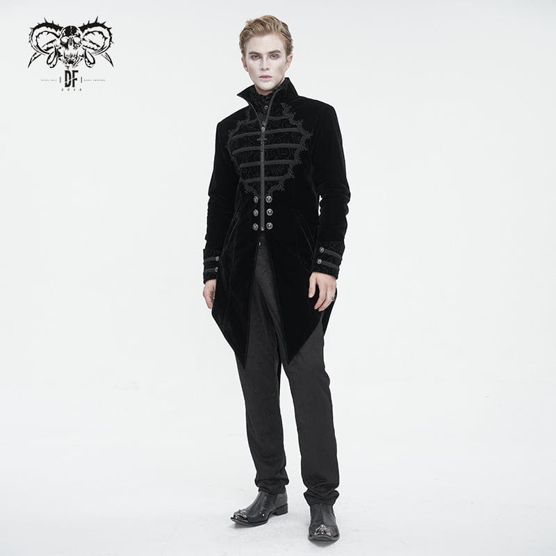 DEVIL FASHION Herren Gothic Stehkragen Spitze Splice Schwalbenschwanz Mantel Schwarz