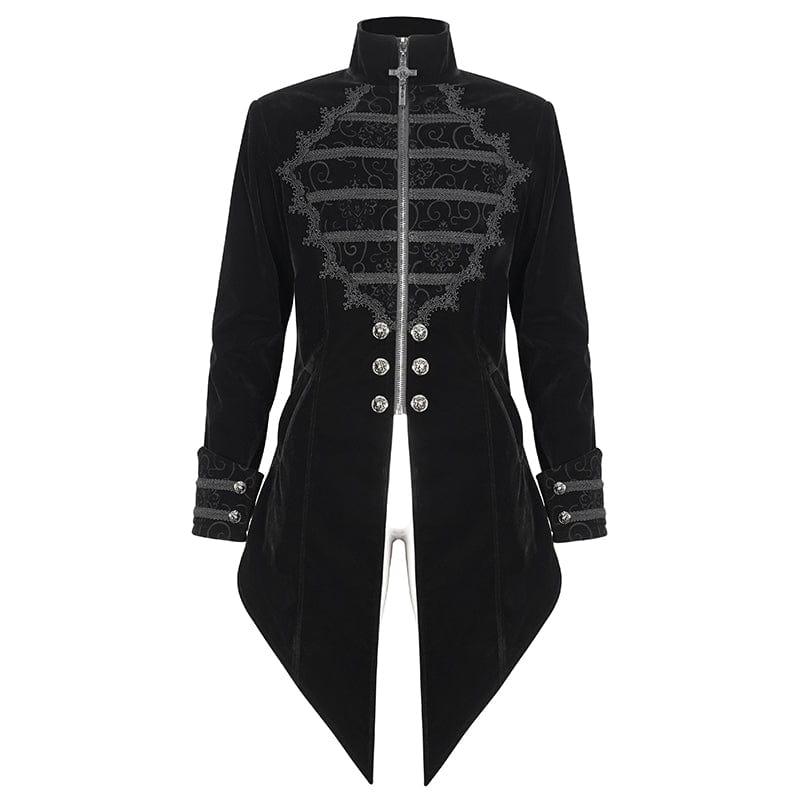 DEVIL FASHION Men's Gothic Stand Collar Lace Splice Swallow-tailed Coat Black