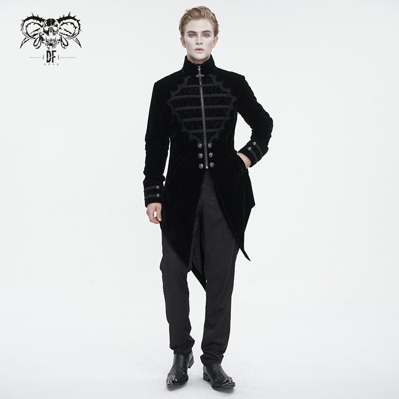 DEVIL FASHION Herren Gothic Stehkragen Spitze Splice Schwalbenschwanz Mantel Schwarz