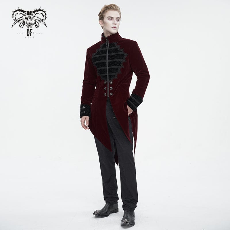 DEVIL FASHION Men's Gothic Stand Collar Lace Splice Swallow-tailed Coat Red