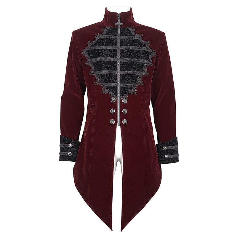 DEVIL FASHION Men's Gothic Stand Collar Lace Splice Swallow-tailed Coat Red
